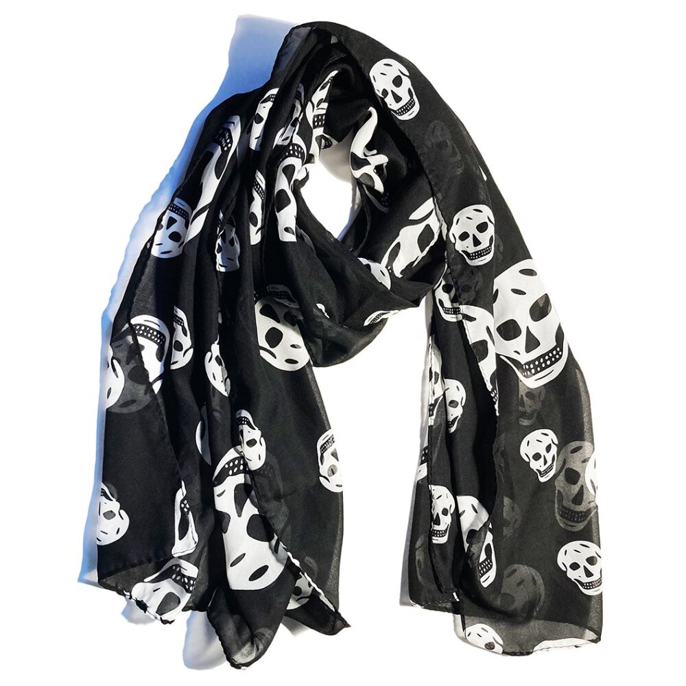 NEW Soft Silky Poly Chiffon Long Scarf w/Large B/W Skull Pattern, 18” W x 59"L